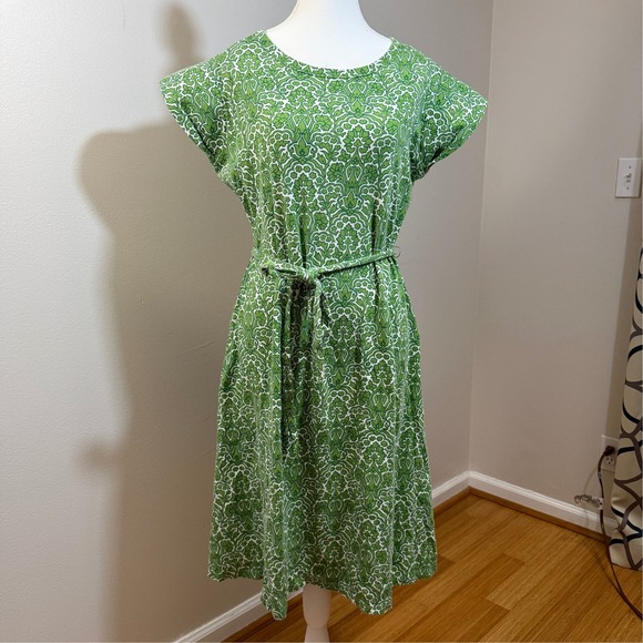 Talbots Damask Floral Dress Women LP Green Excellent Cap Sleeve Cotton Belted - Picture 2 of 7